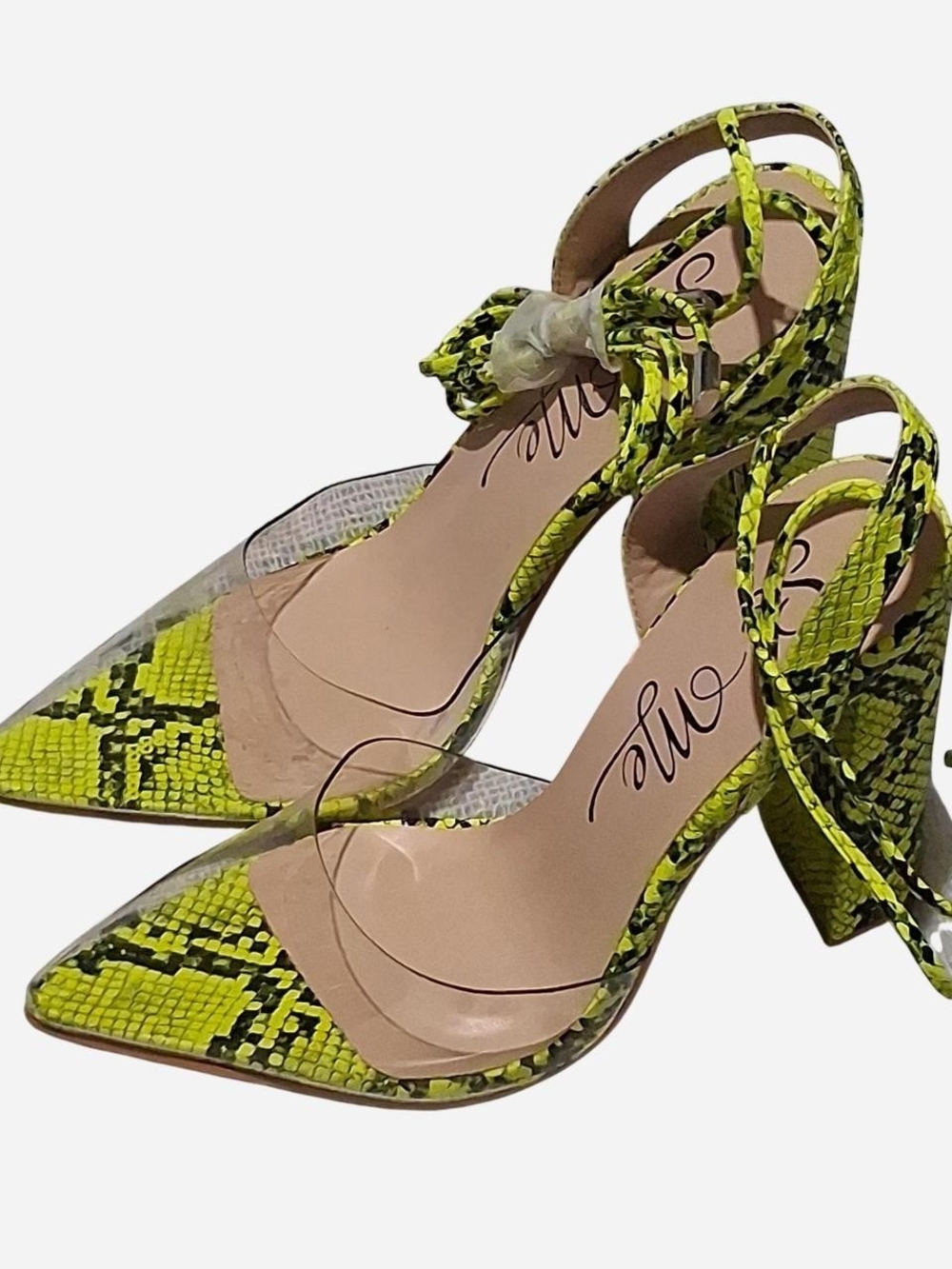 So Me Neon Yellow Snake-Print Pointed Toe Ankle-Tie Pumps